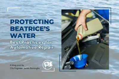 A hand pours golden oil from a tan plastic container into a blue funnel placed in a car's engine bay.